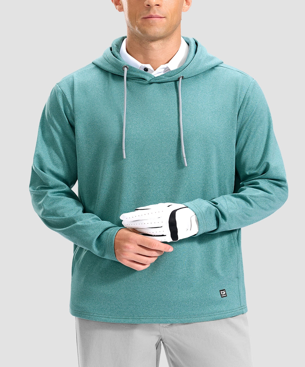 men's fleece-lined performance hoodie in heather beryl green - neckline detail