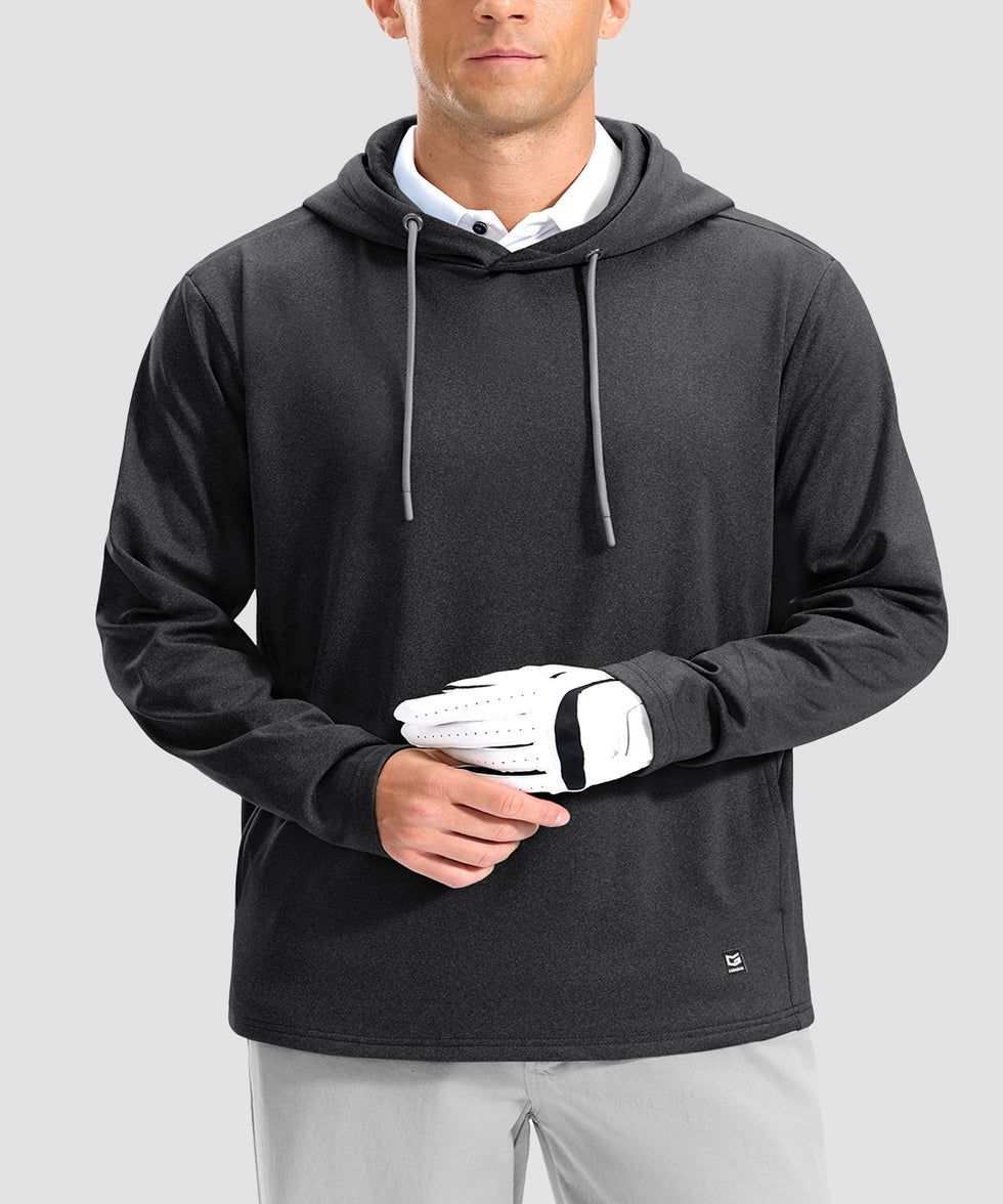 men's fleece-lined performance hoodie in heather black - neckline detail