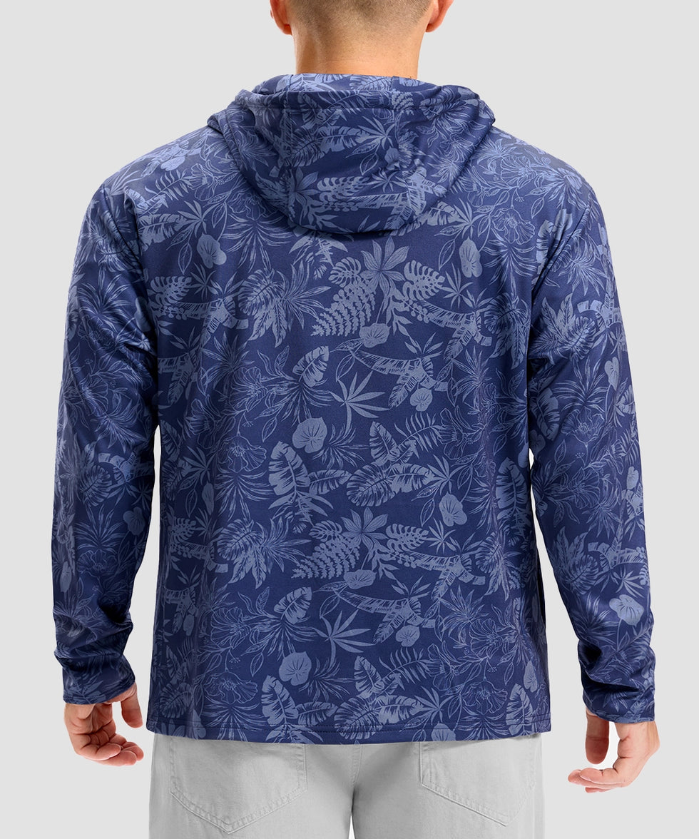 men's fleece-lined performance hoodie in navy palm leaves - hood detail