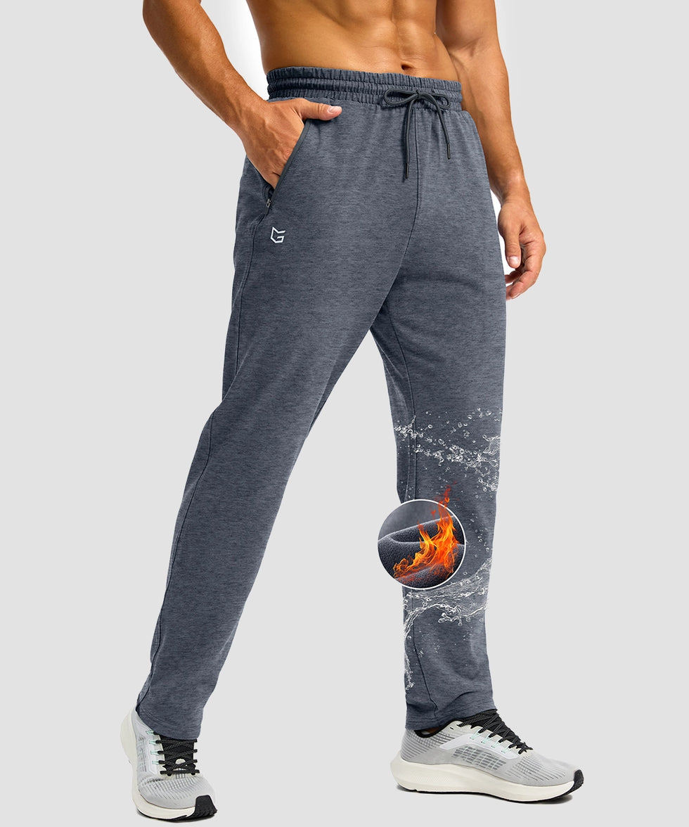 men's fleece-lined zip pockets stretch sweatpants in heather dusty blue - zip pocket detail view