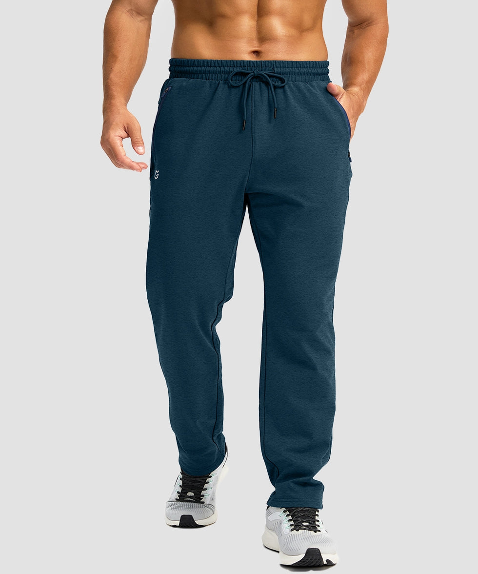 men's fleece-lined zip pockets stretch sweatpants in heathered academy blue - front view