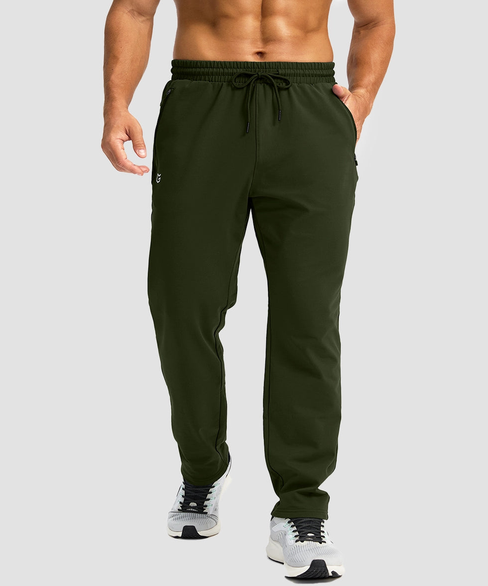 men's fleece-lined zip pockets stretch sweatpants in olive green - front view
