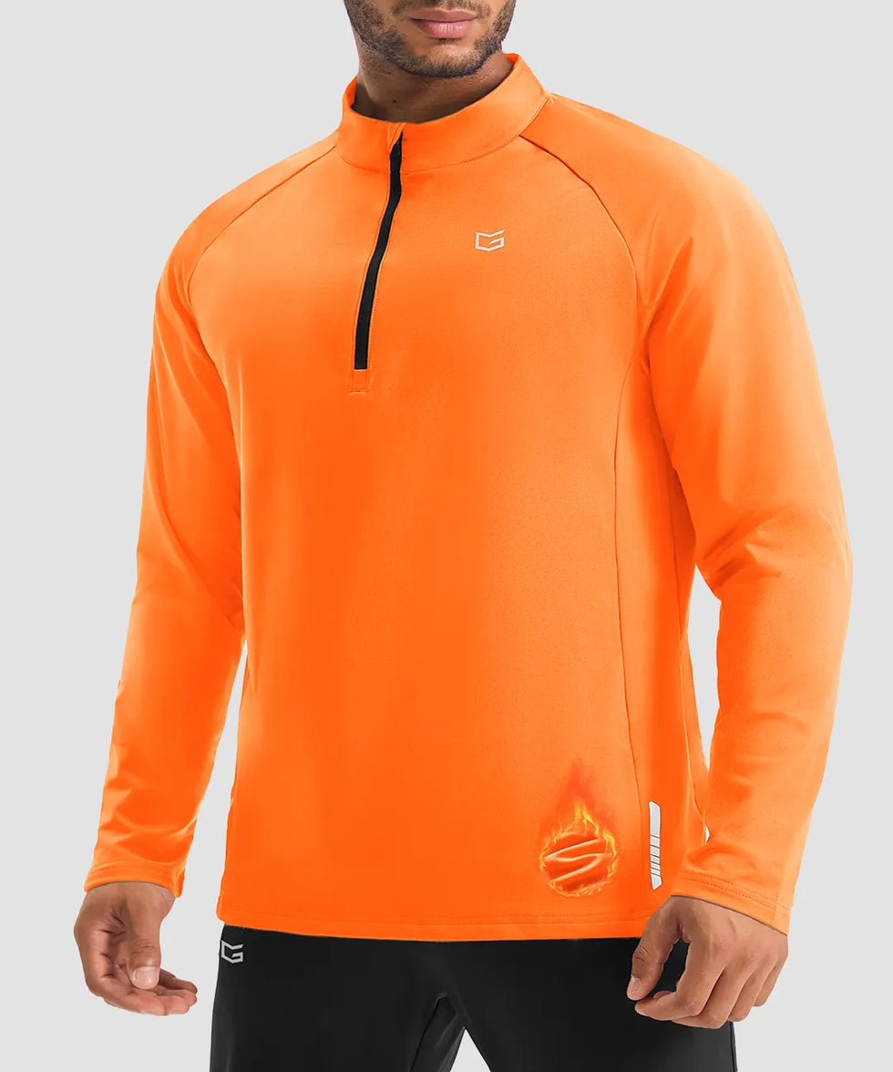 men's fleece quarter zip pullover long sleeve in orange - collar detail