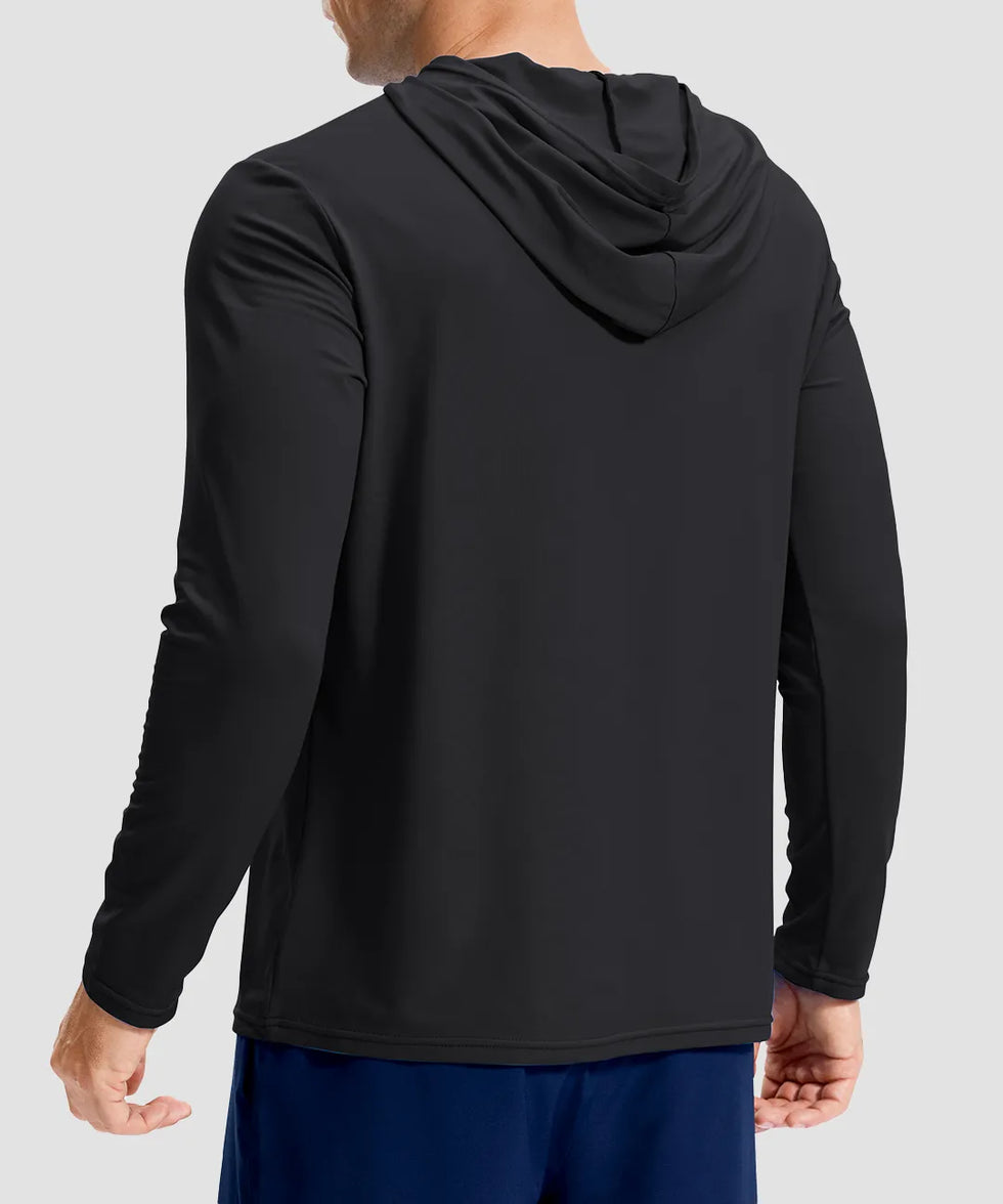 men's lightweight athletic no strings hoodie in black - back view