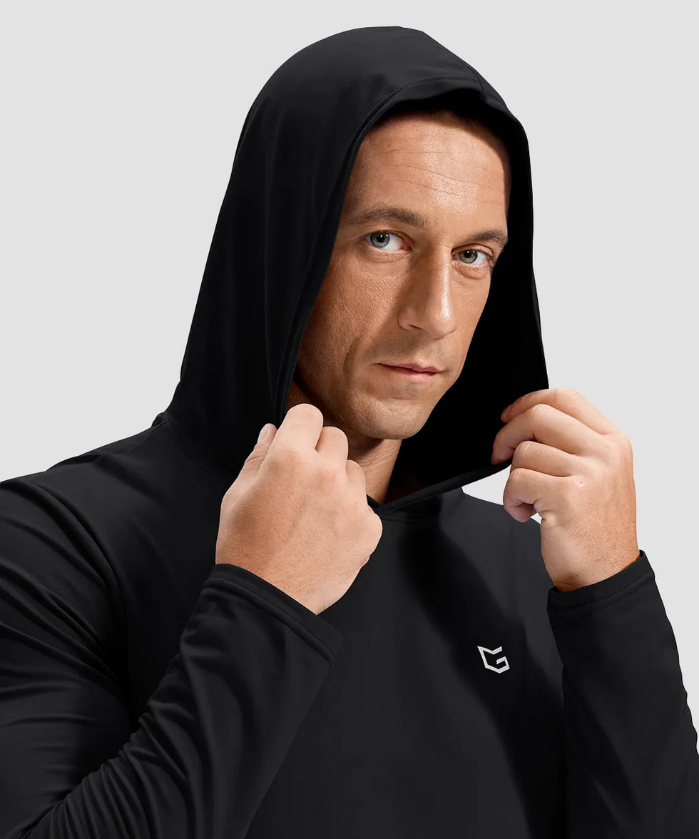 men's lightweight athletic no strings hoodie in black - hood detail