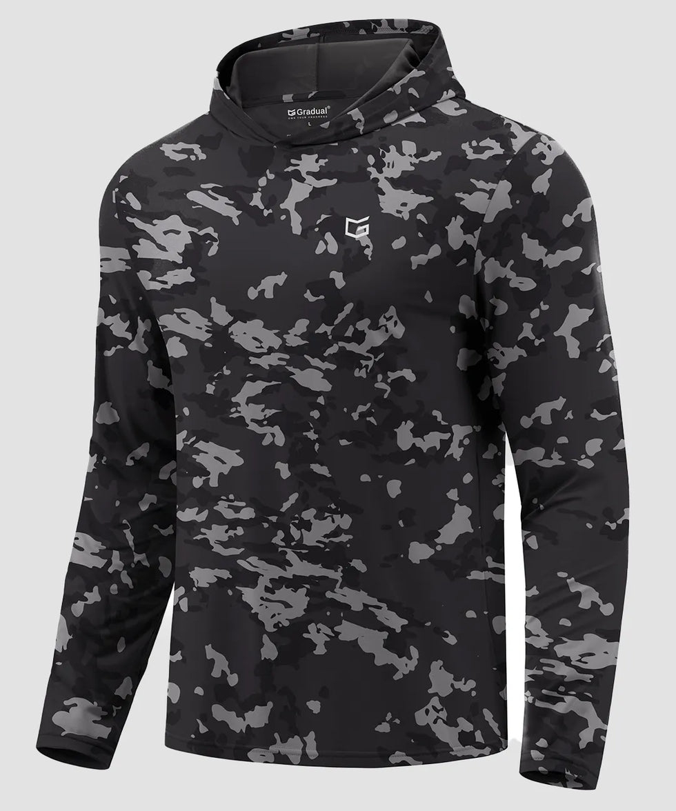 men's lightweight athletic no strings hoodie in gray black camo - fabric detail