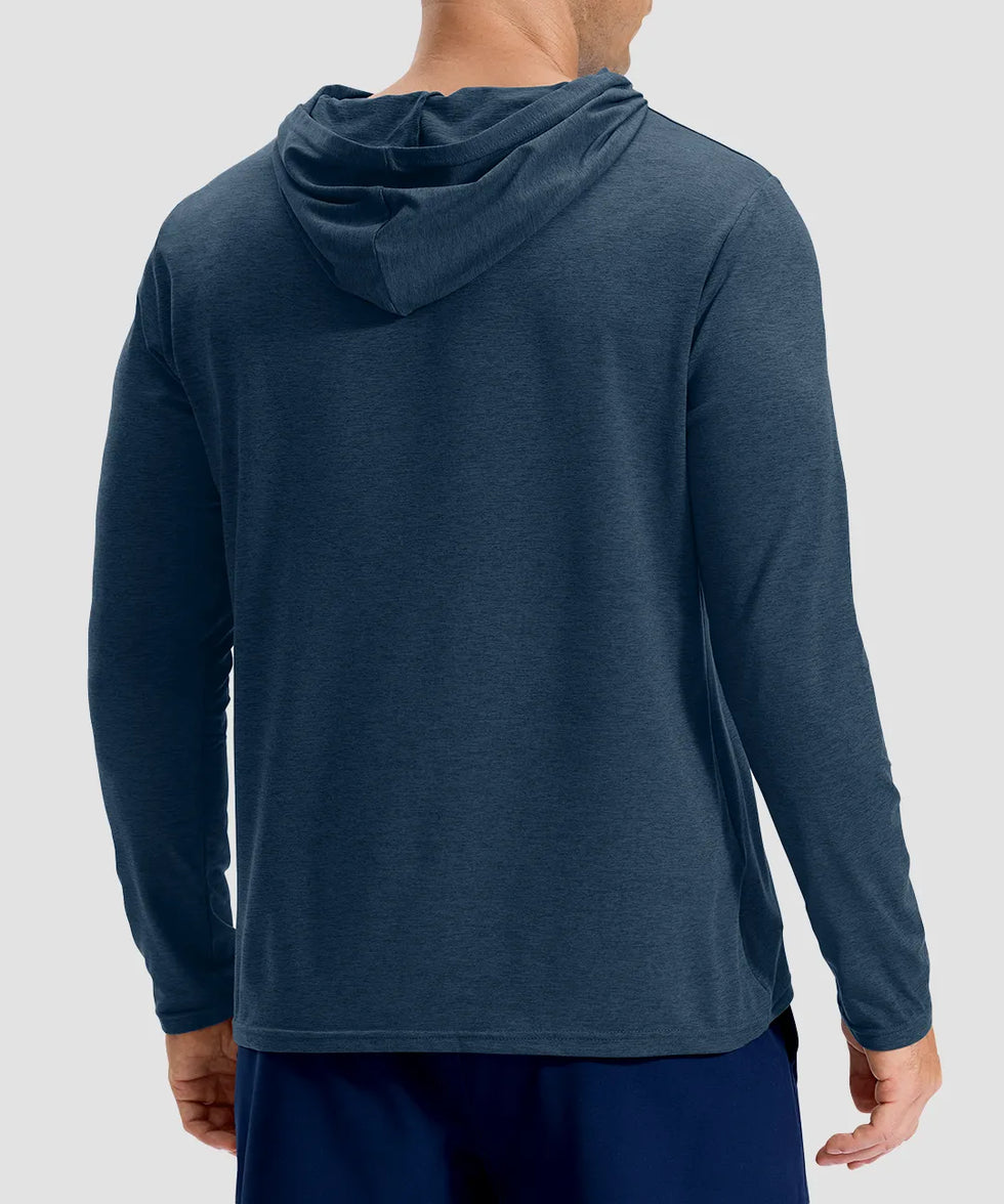 men's lightweight athletic no strings hoodie in heather dark blue - back view