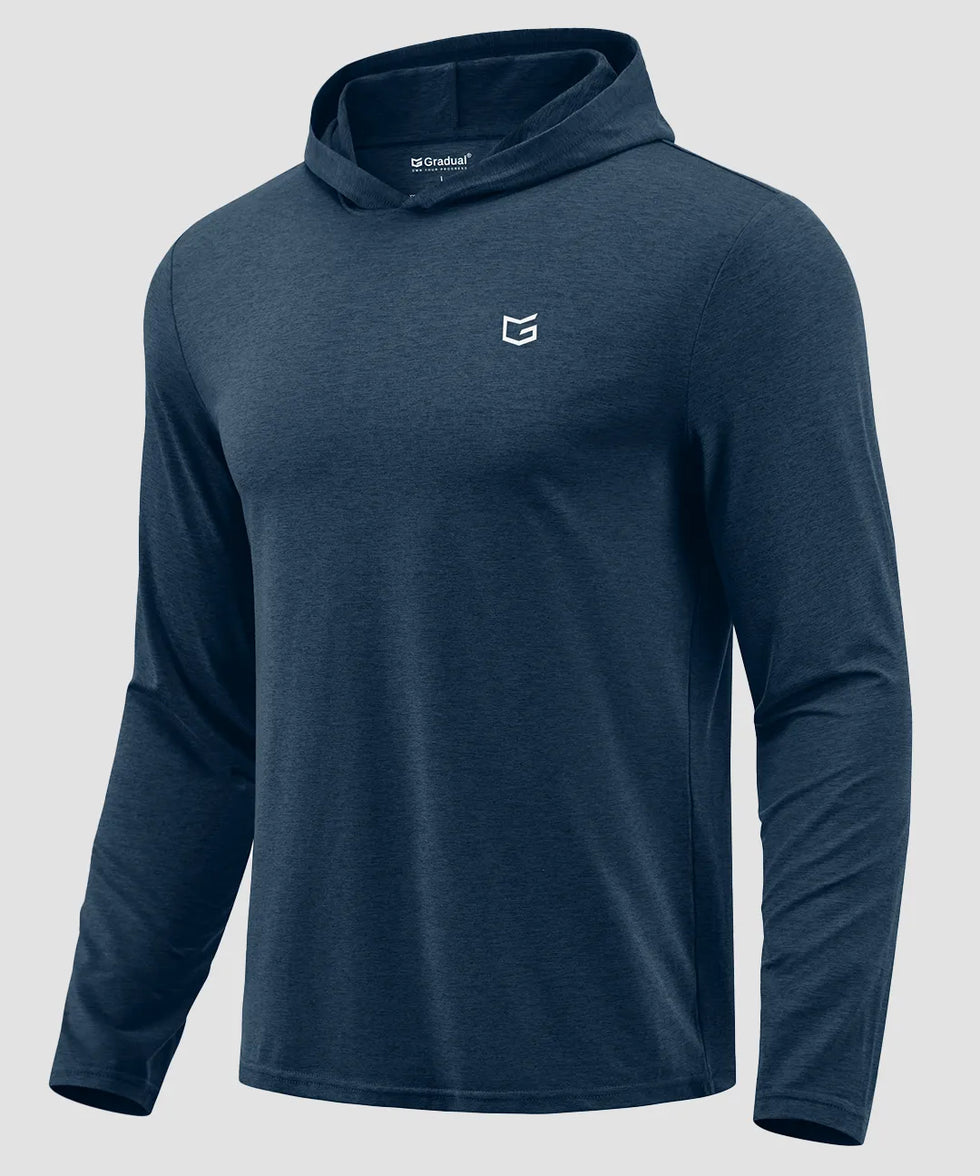 men's lightweight athletic no strings hoodie in heather dark blue - fabric detail