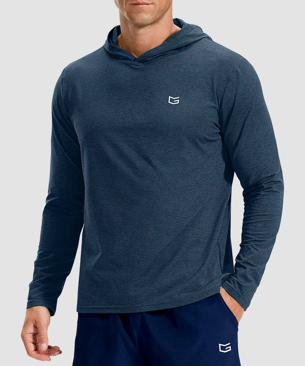 men's lightweight athletic no strings hoodie in heather dark blue - front view