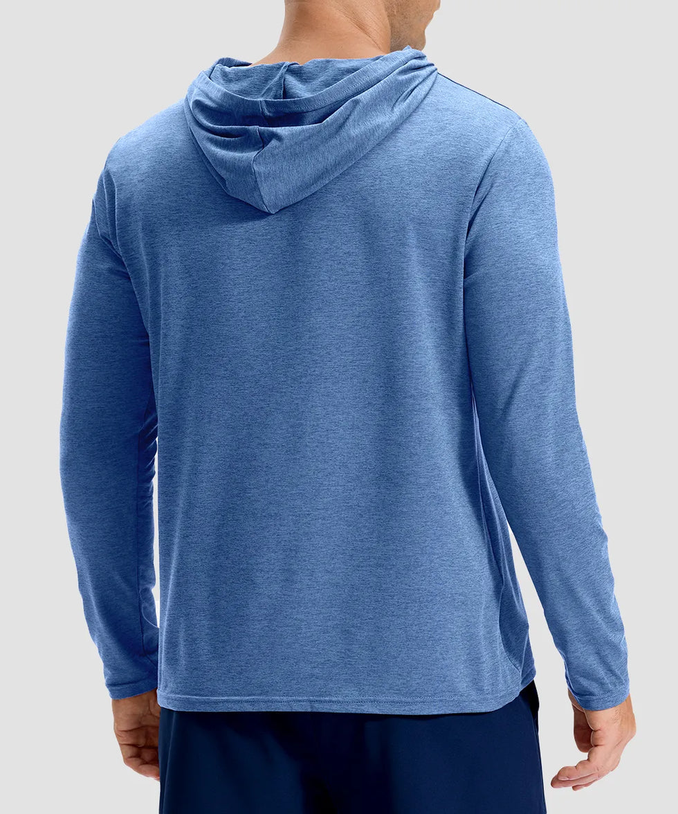men's lightweight athletic no strings hoodie in heather haze blue - back view