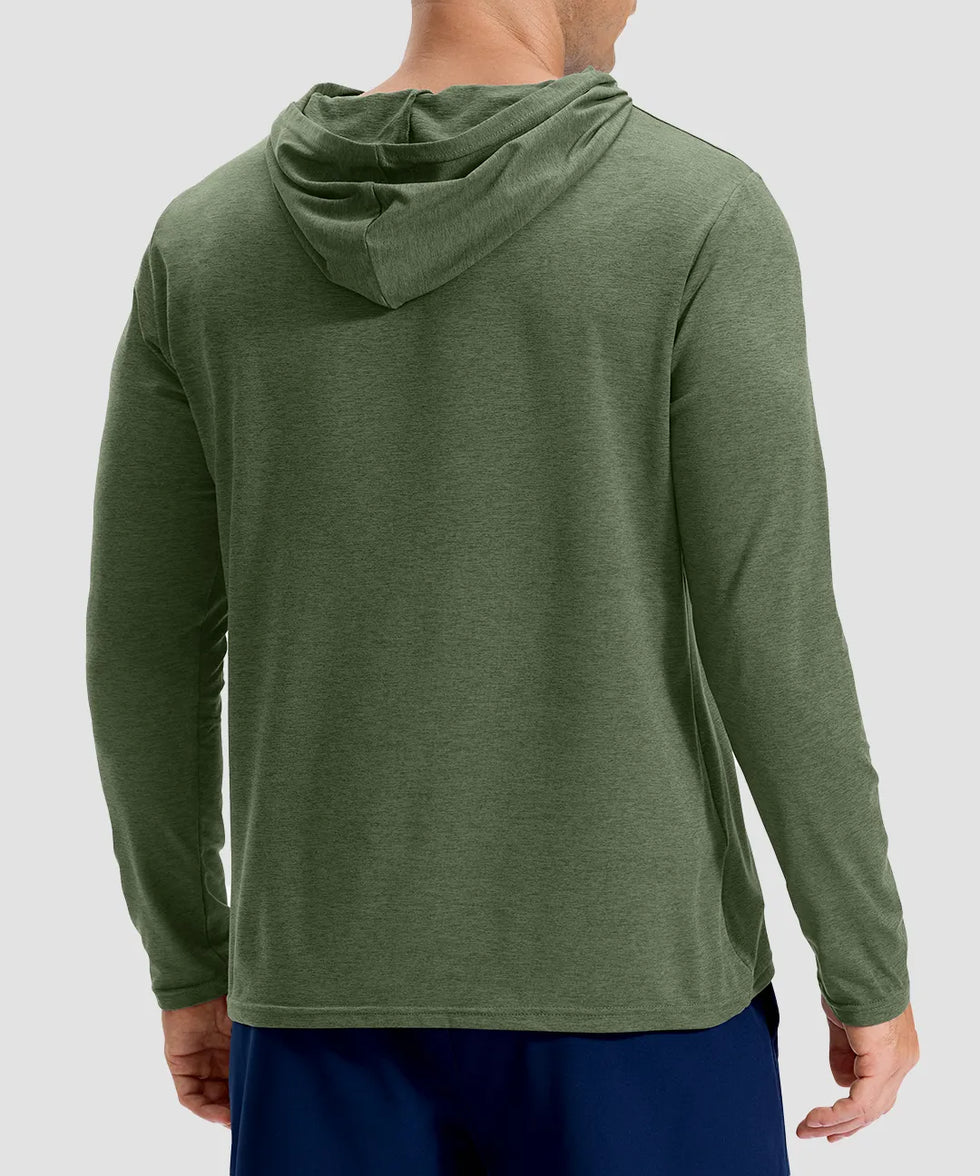 men's lightweight athletic no strings hoodie in heather olive - back view