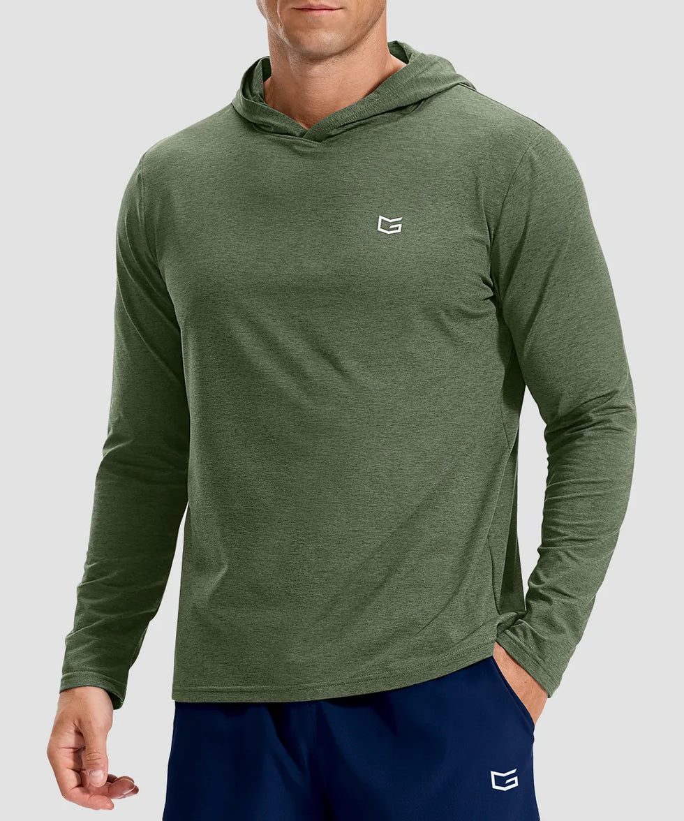 men's lightweight athletic no strings hoodie in heather olive - front view