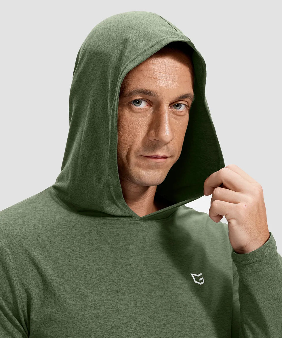 men's lightweight athletic no strings hoodie in heather olive - hood detail