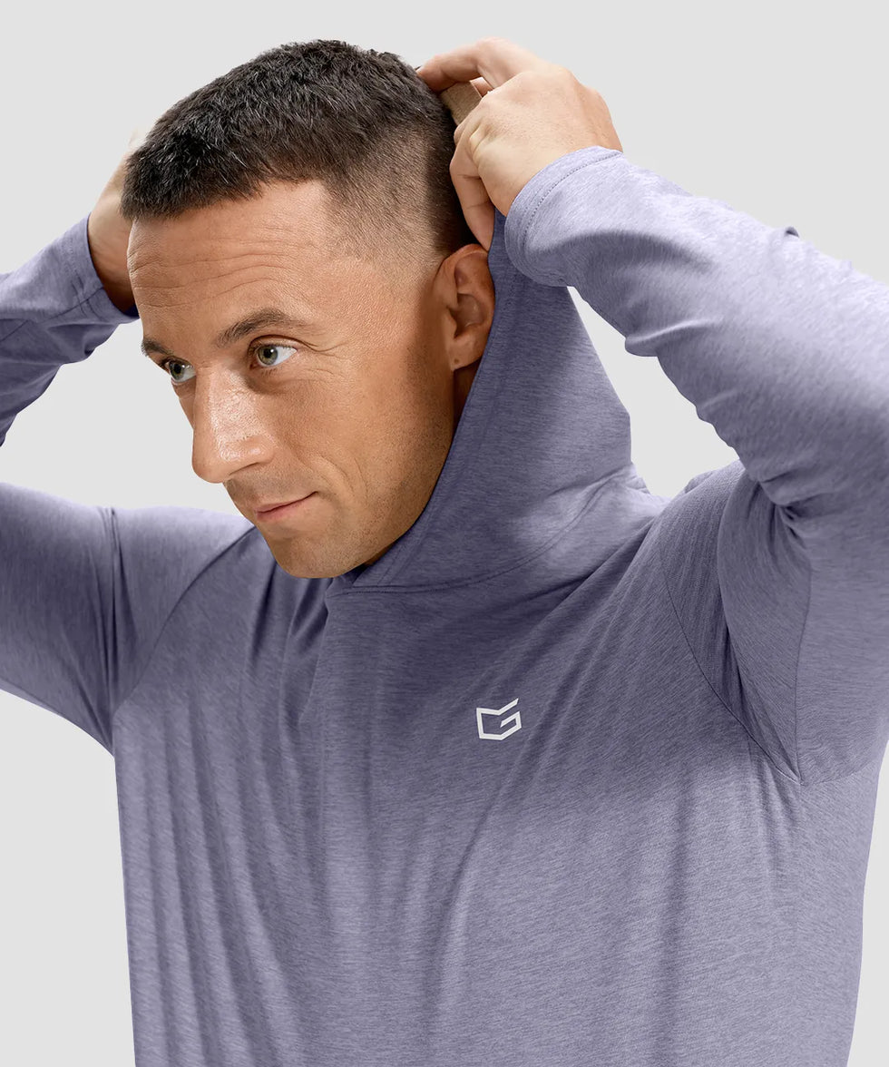 men's lightweight athletic no strings hoodie in heather purple gray - hood detail