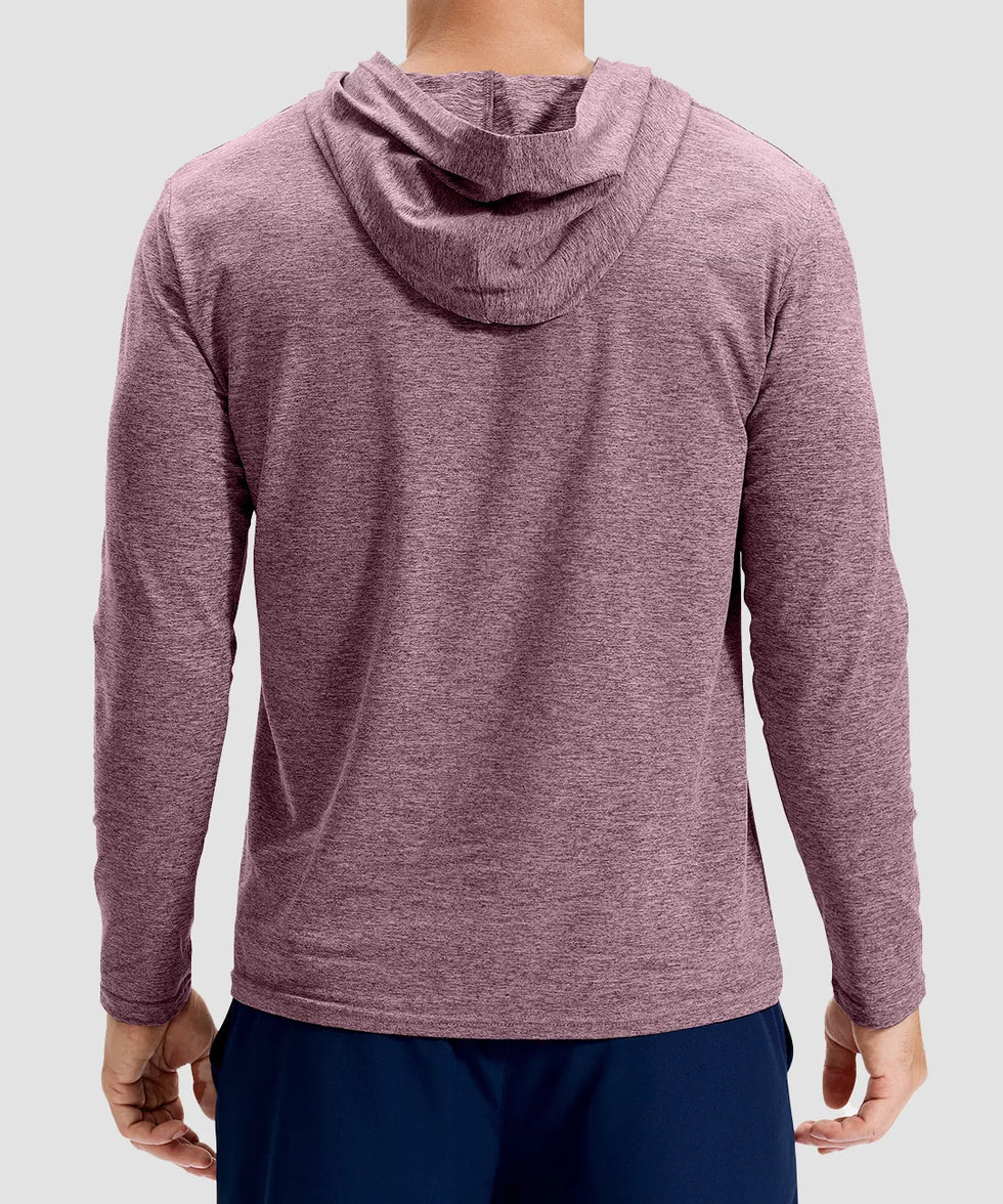 men's lightweight athletic no strings hoodie in heather wine - back view