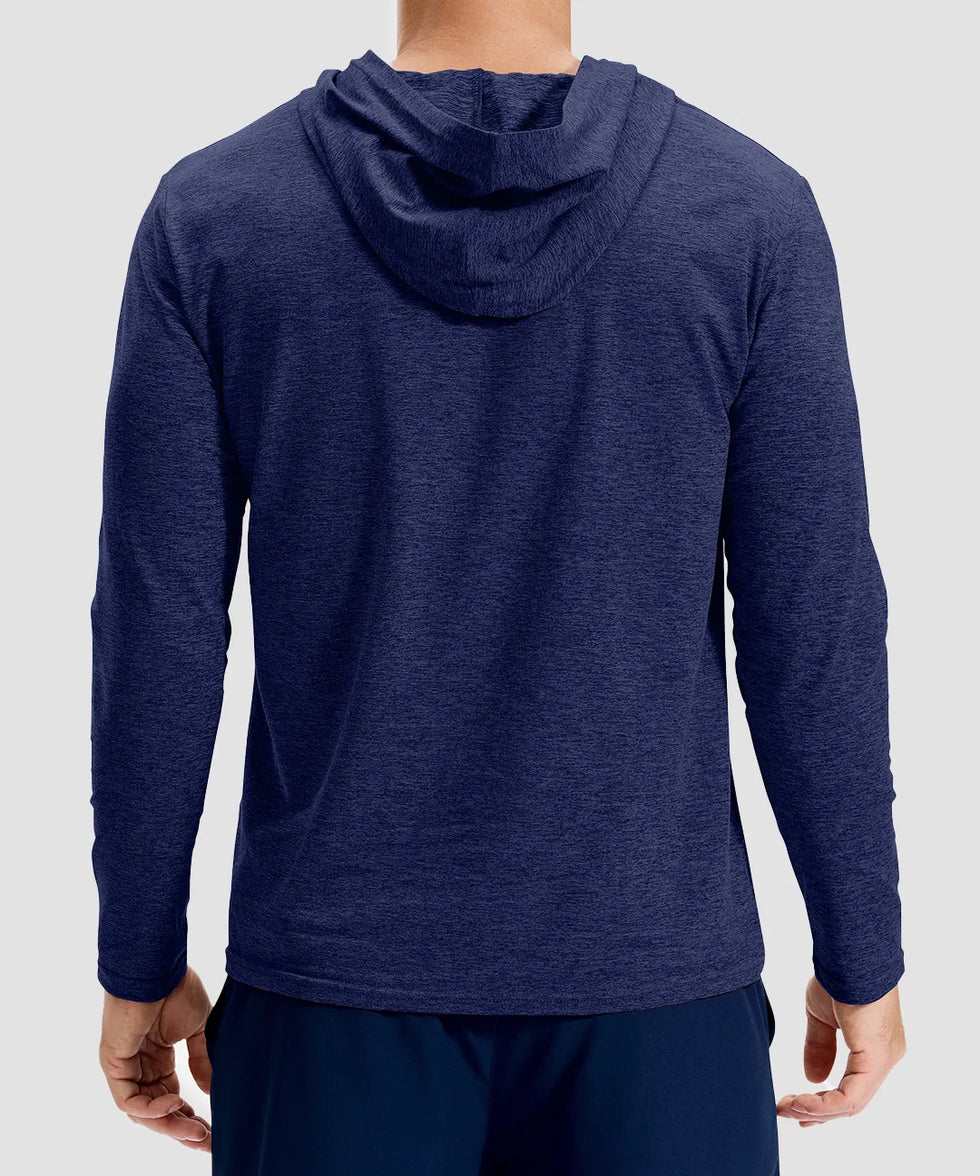 men's lightweight athletic no strings hoodie in heathered academy blue - back view