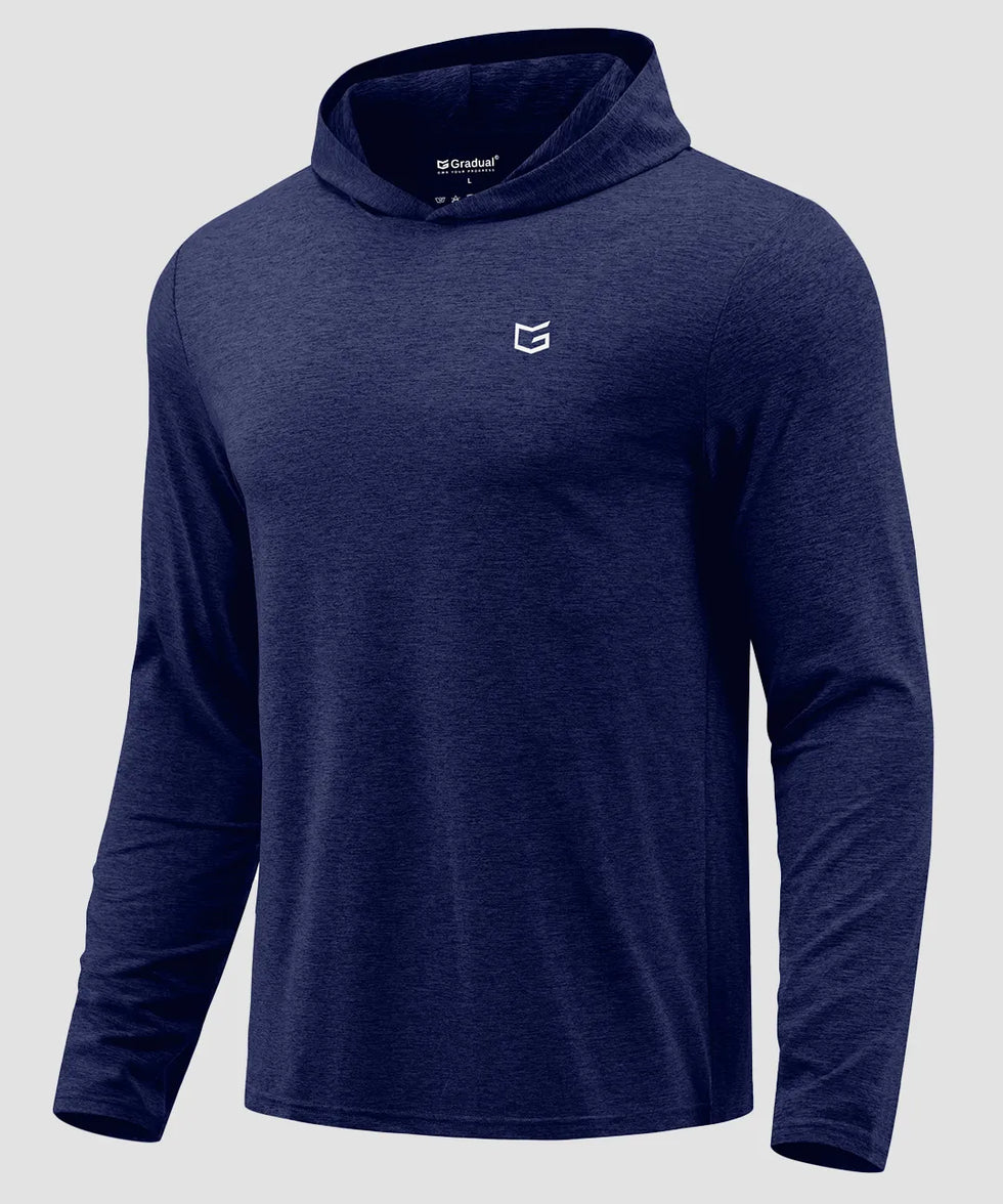 men's lightweight athletic no strings hoodie in heathered academy blue - back view