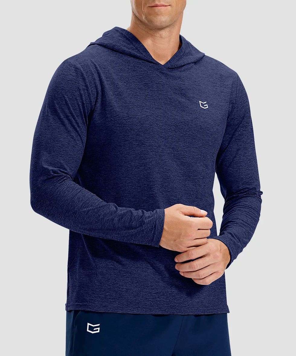 men's lightweight athletic no strings hoodie in heathered academy blue - front view
