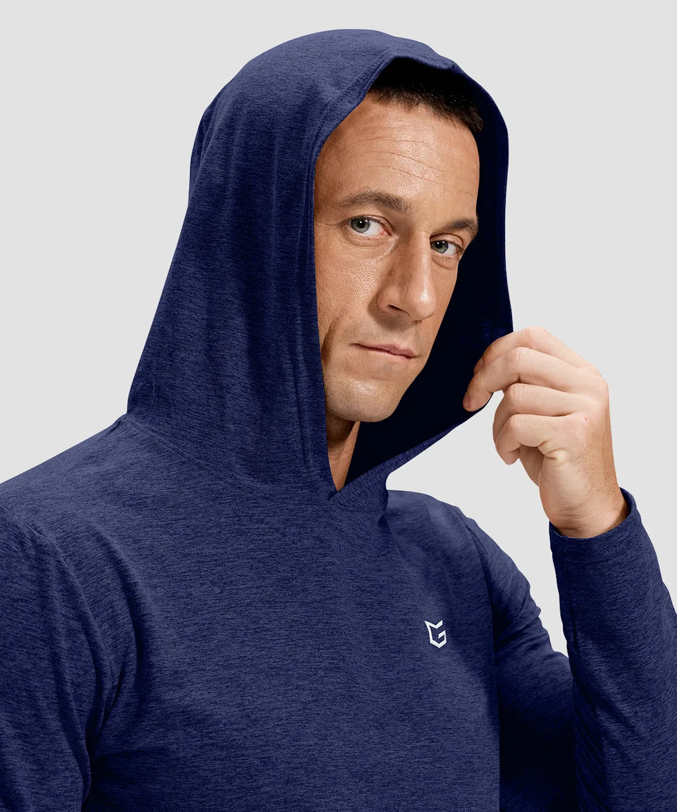 men's lightweight athletic no strings hoodie in heathered academy blue - hood detail