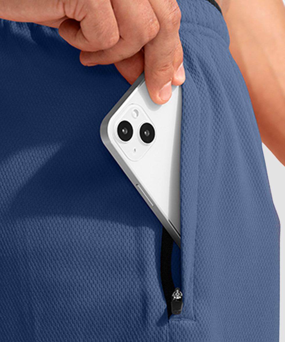 men's lightweight with zipper pockets short 11'' in dusty blue - zipper pocket detail view