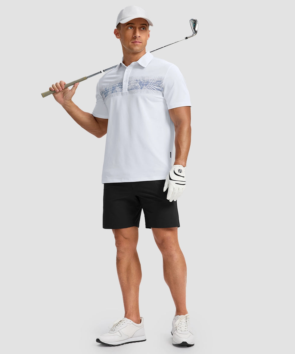 men's line print dry fit golf polo in white leaves - matching outfits view