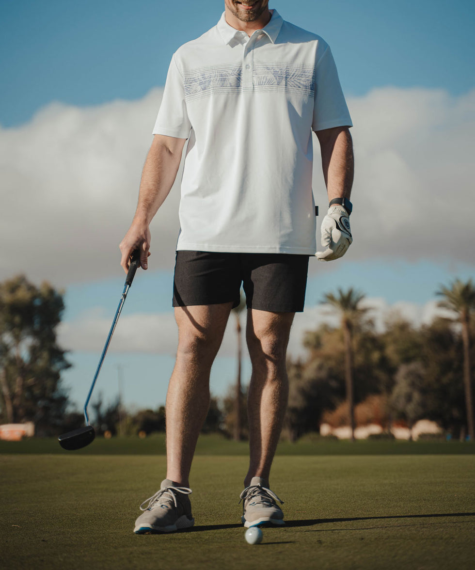 men's line print dry fit golf polo in white leaves - side view
