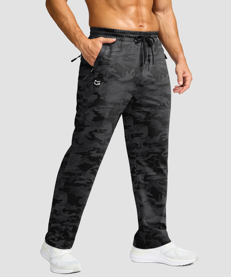 men's mid-rise fleece-lined track pants in gray camo - pocket detail view
