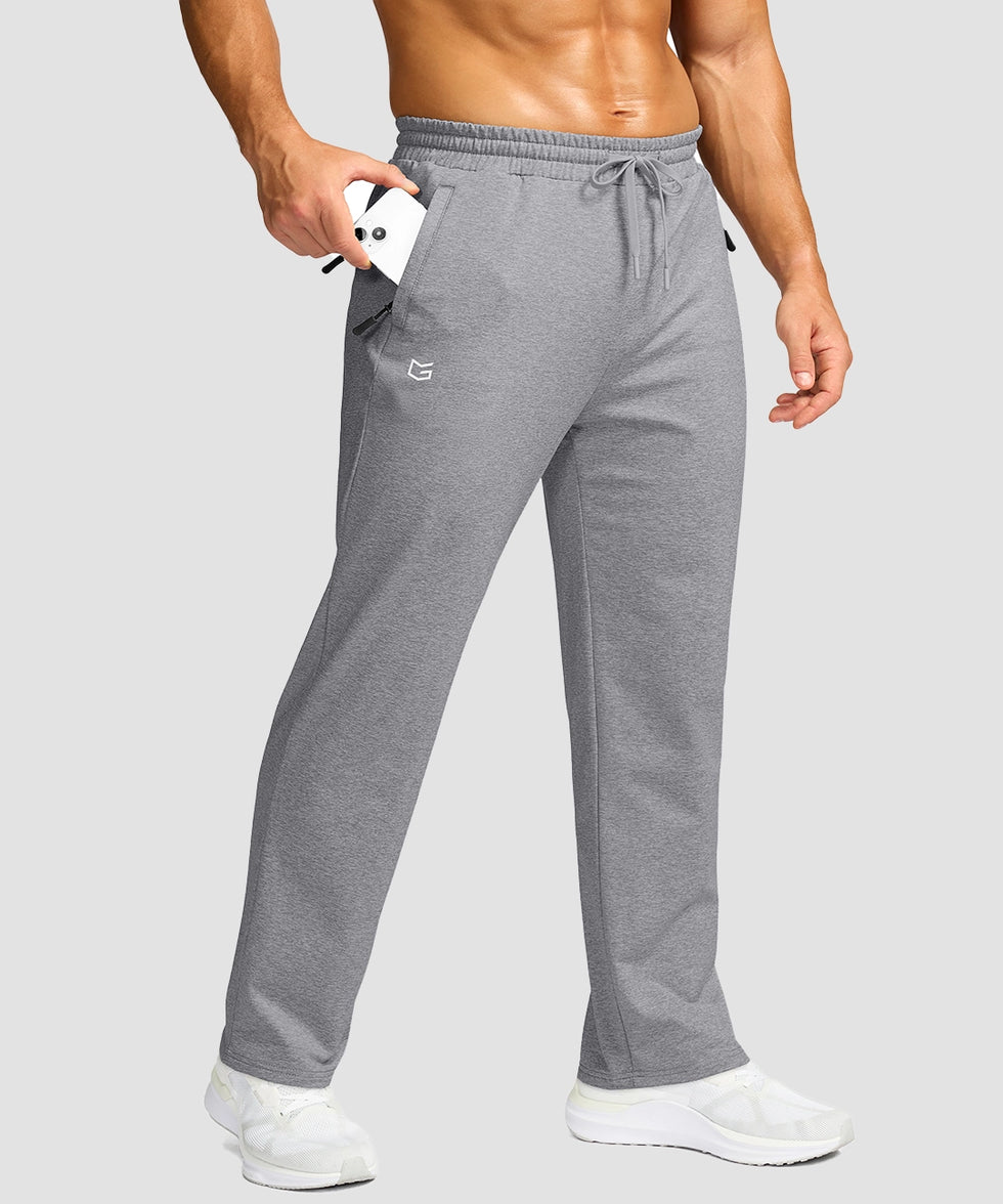 men's mid-rise fleece-lined track pants in heather light grey - pocket detail view
