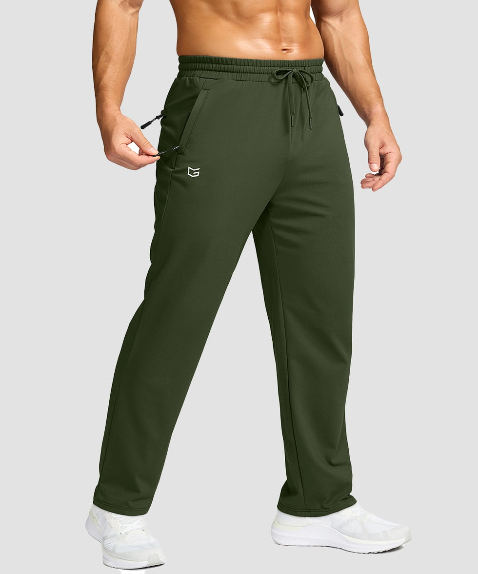 men's mid-rise fleece-lined track pants in olive green - pocket detail view