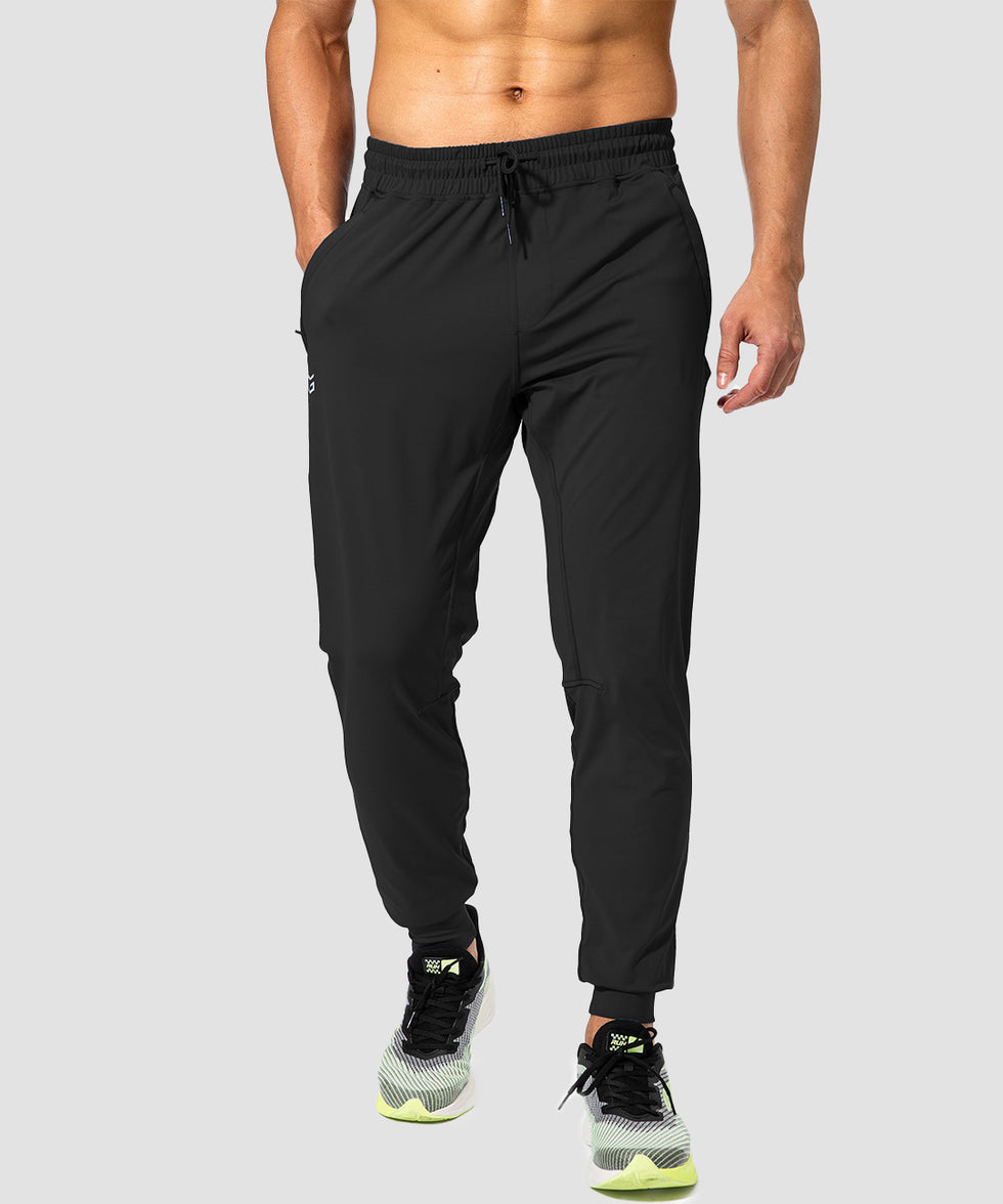 men's mid-waist zipper pockets jogger in black - front view