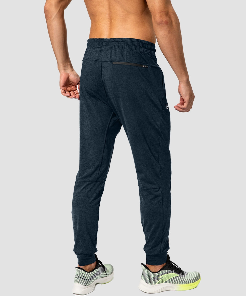 men's mid-waist zipper pockets joggers in dark blue - back view