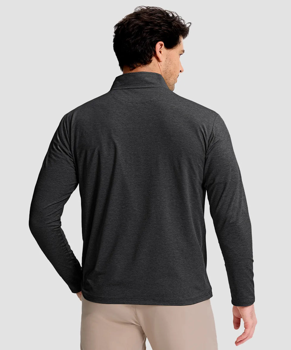 men's quarter zip golf pullover with chest pocket in heather black - back view