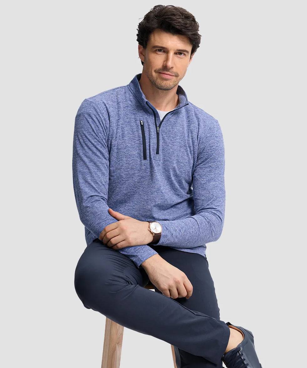 men's quarter zip golf pullover with chest pocket in heather haze blue - side view