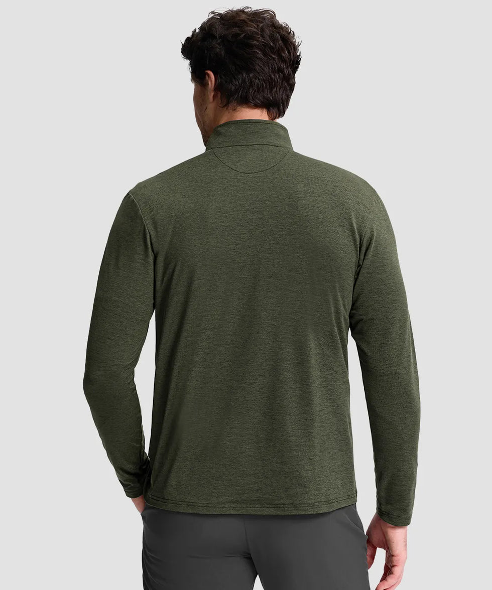 men's quarter zip golf pullover with chest pocket in heather olive - back view
