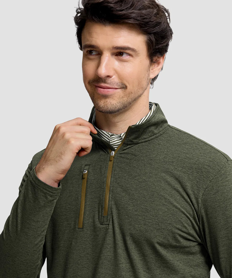 men's quarter zip golf pullover with chest pocket in heather olive - collar detail