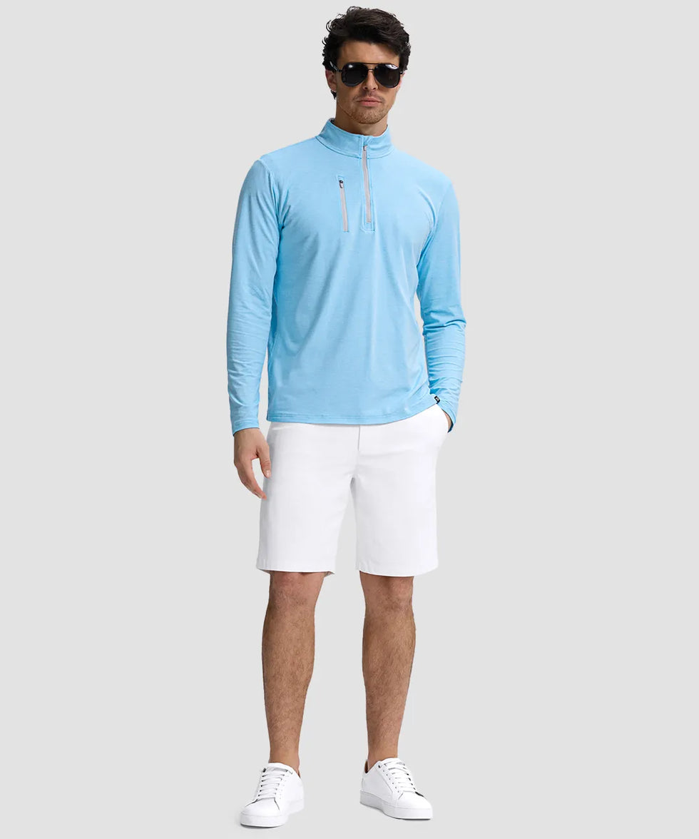 men's quarter zip golf pullover with chest pocket in heather sky blue - side view