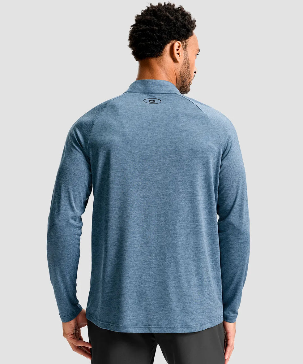 men's quarter zip performance pullover in heather dusty blue - back view