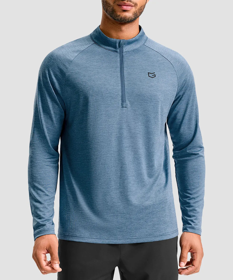 men's quarter zip performance pullover in heather dusty blue - front view