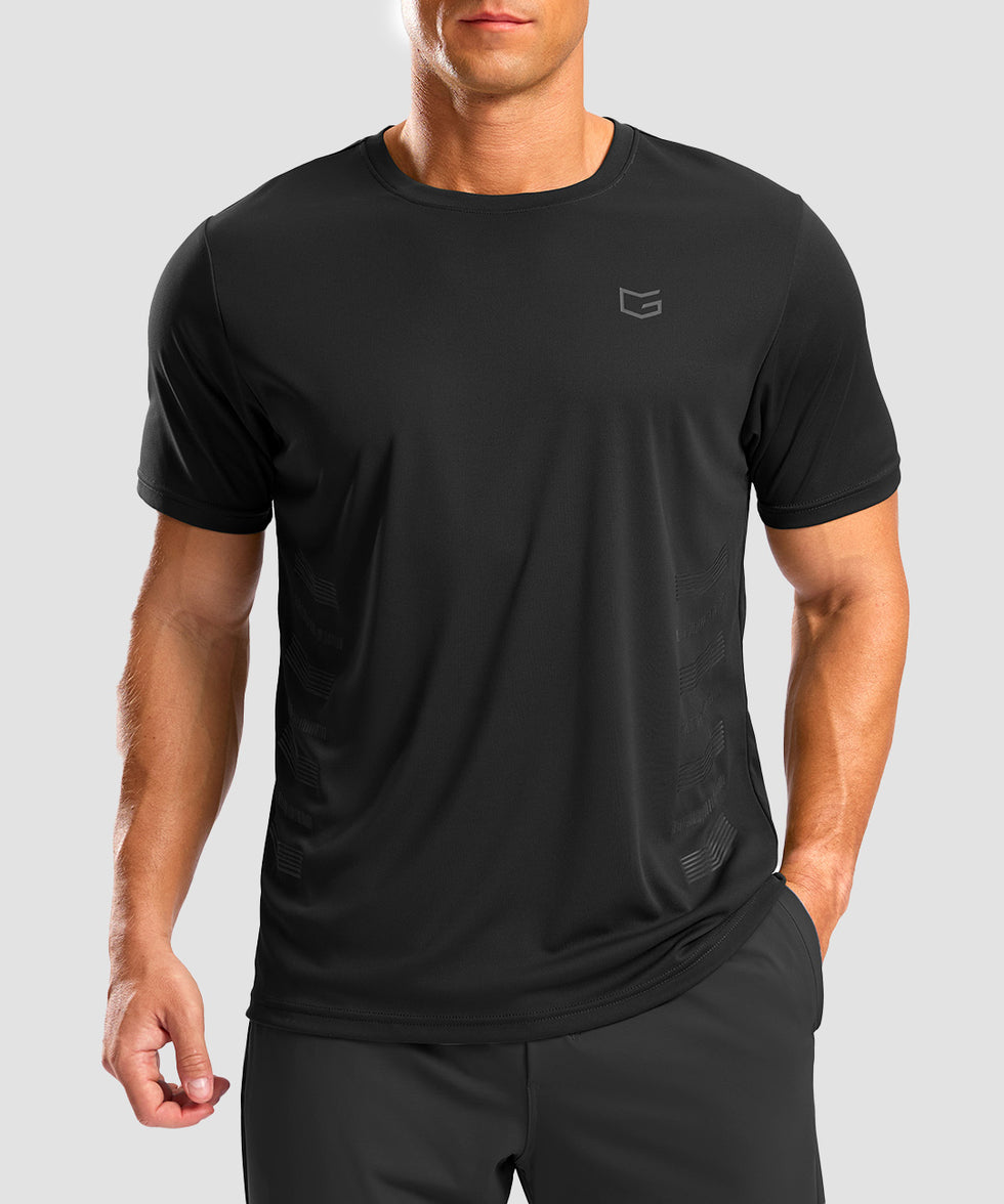 men's rubber strips short sleeve in black - front view
