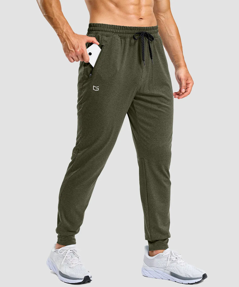 men's static-free stretch athletic joggers in heather olive - zipper pocket detail view