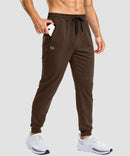 men's static-free stretch athletic joggers in heathered brown - zipper pocket detail view