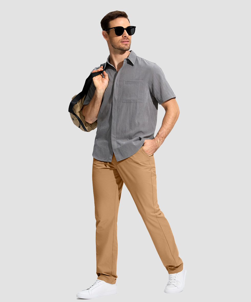 men's uv protection button-up golf pants in dark khaki - front view