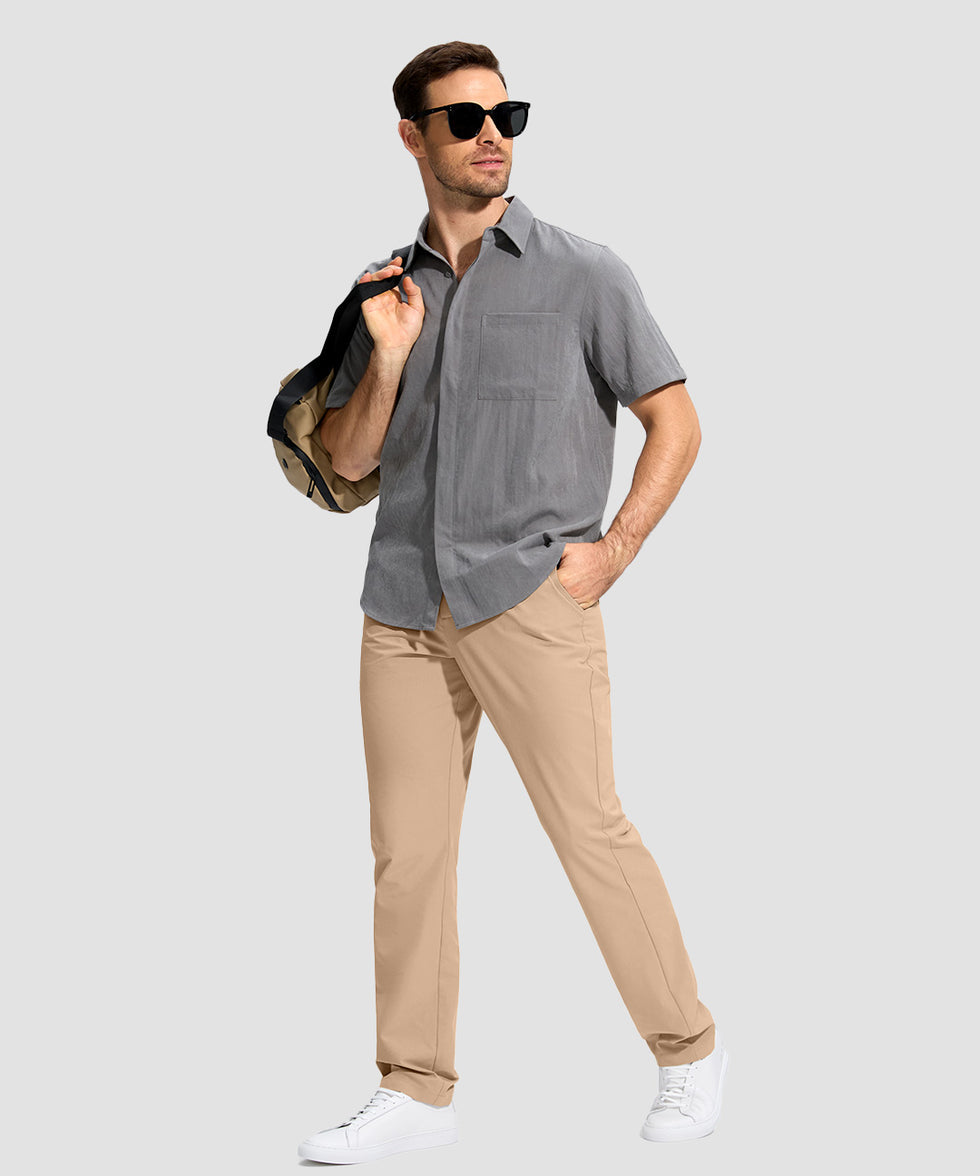 men's uv protection button-up golf pants in light khaki - front view