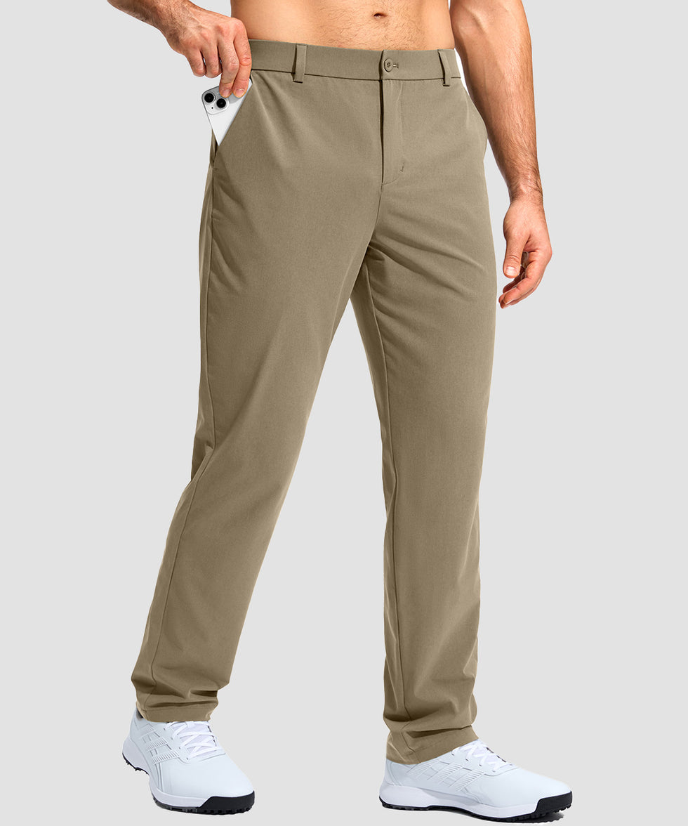 men's uv protection button-up golf pants in taupe - pocket detail view