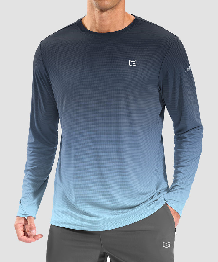 men's uv protection grid-textured long sleeve in gradient navy cyan - front view