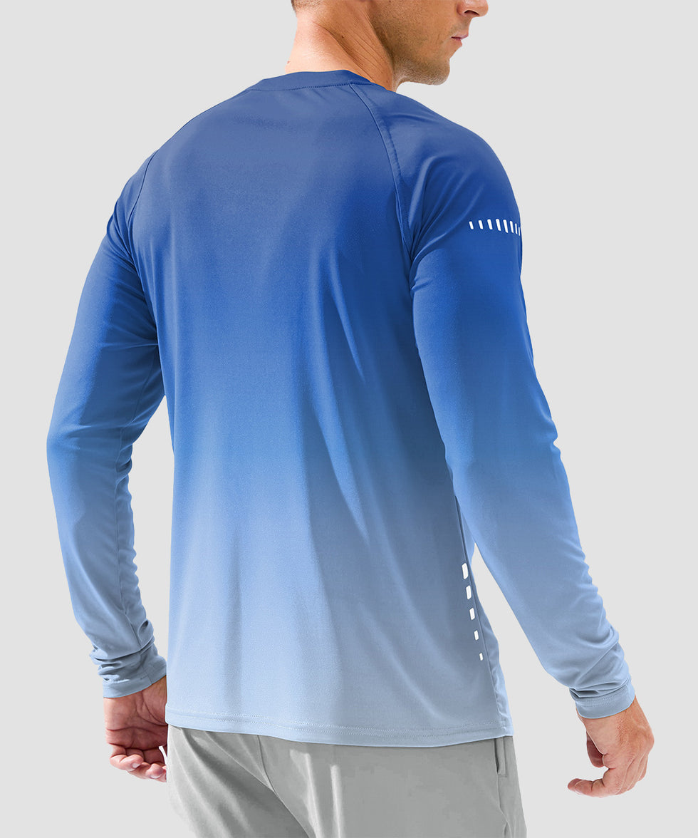 men's uv protection reflective long sleeve in gradient blue white - back view