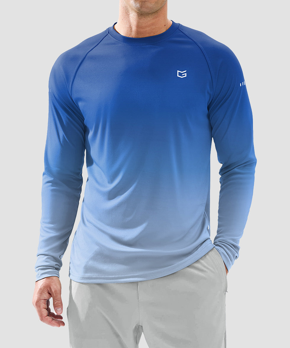 men's uv protection reflective long sleeve in gradient blue white - front view