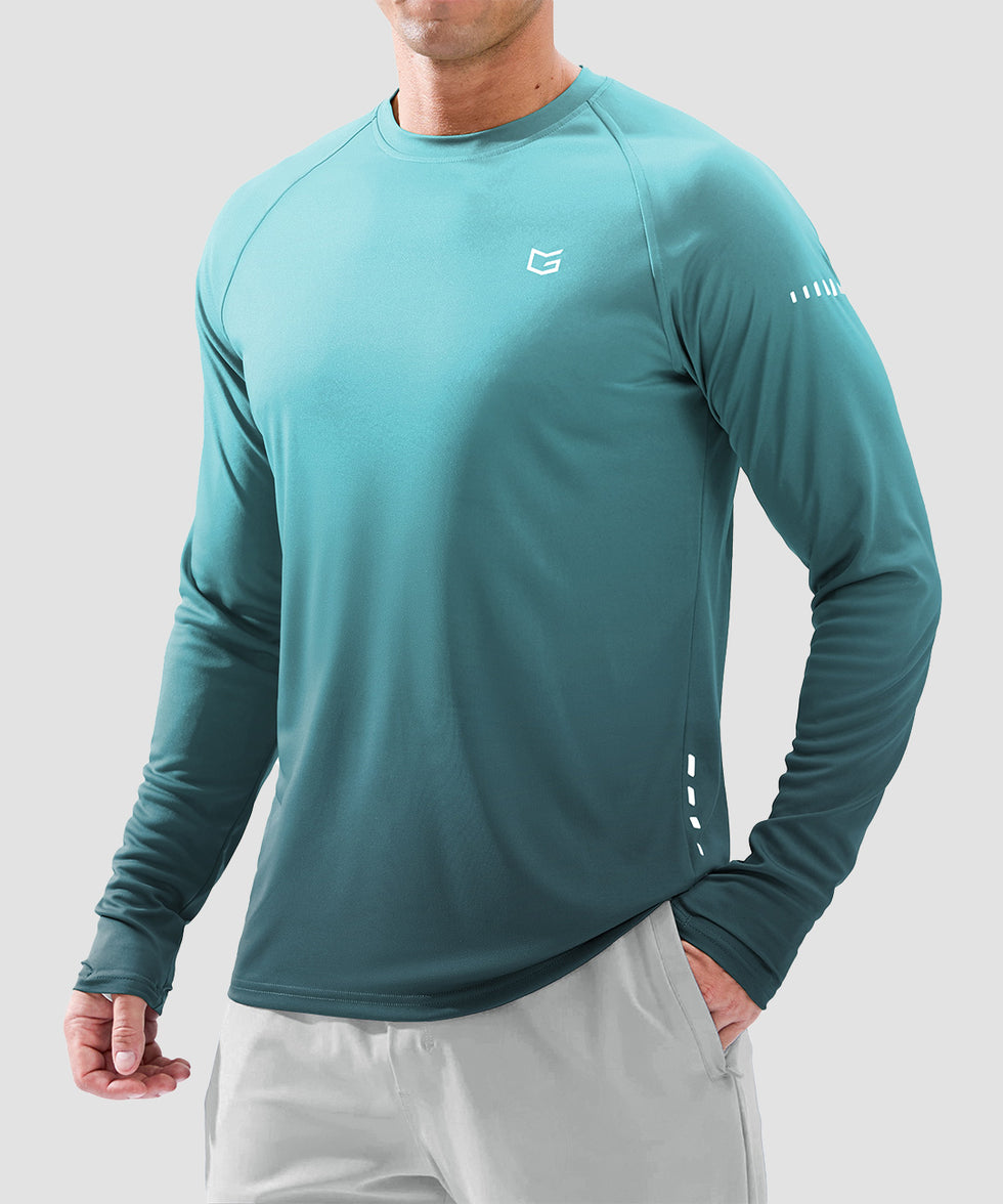 men's uv protection reflective long sleeve in gradient gray blue - front view
