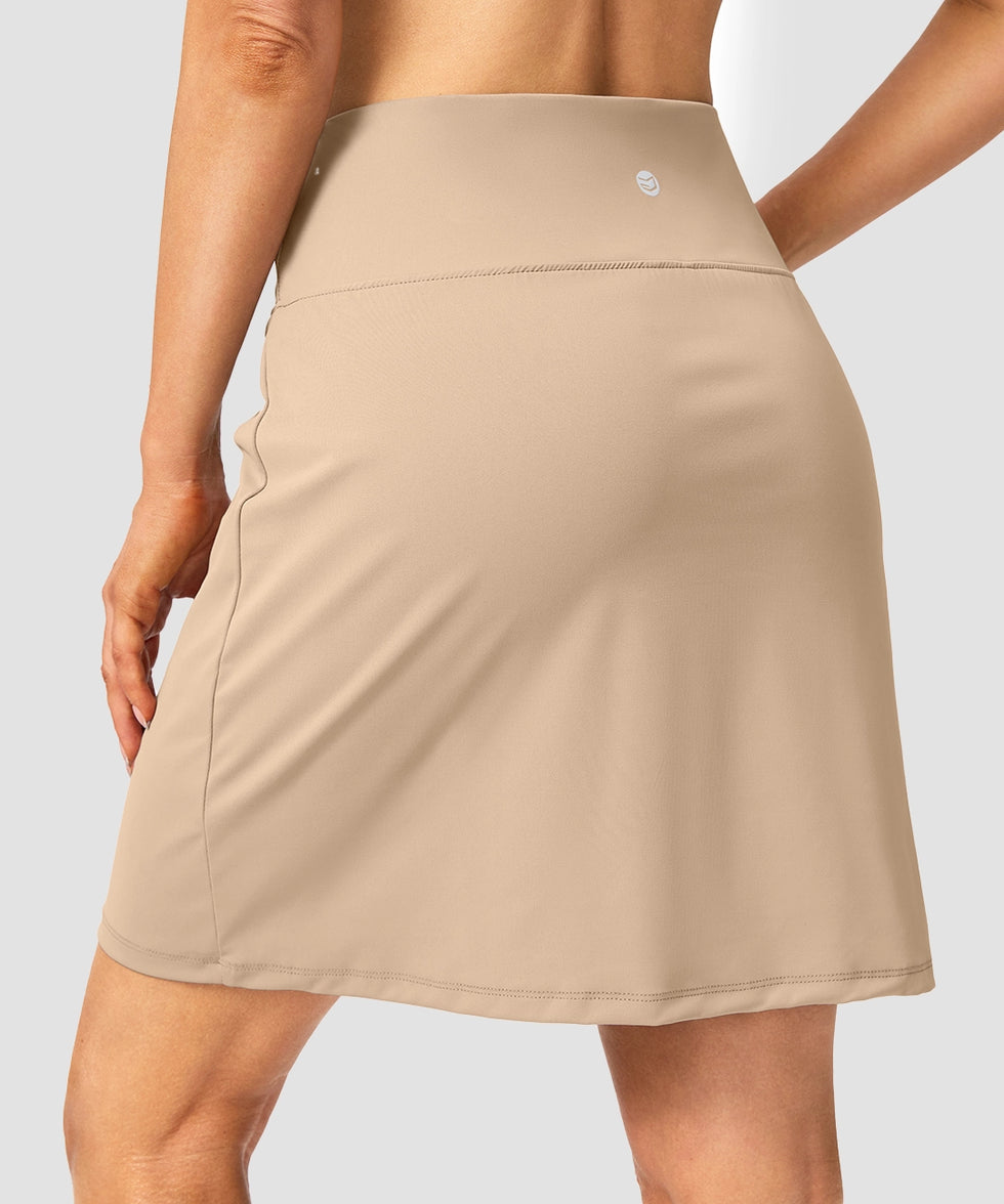mesh-lined long golf skirt in light khaki - back view