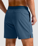 mid rise elastic waist slit short 5" in gray blue - back view